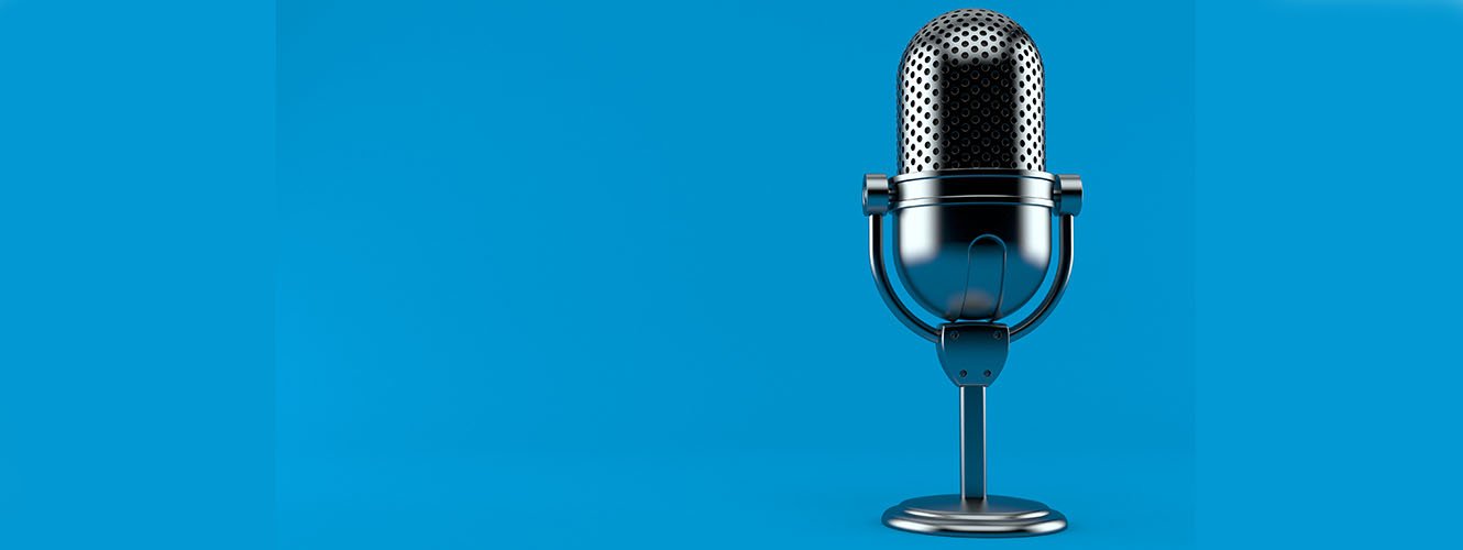 Chrome microphone on blue   banner